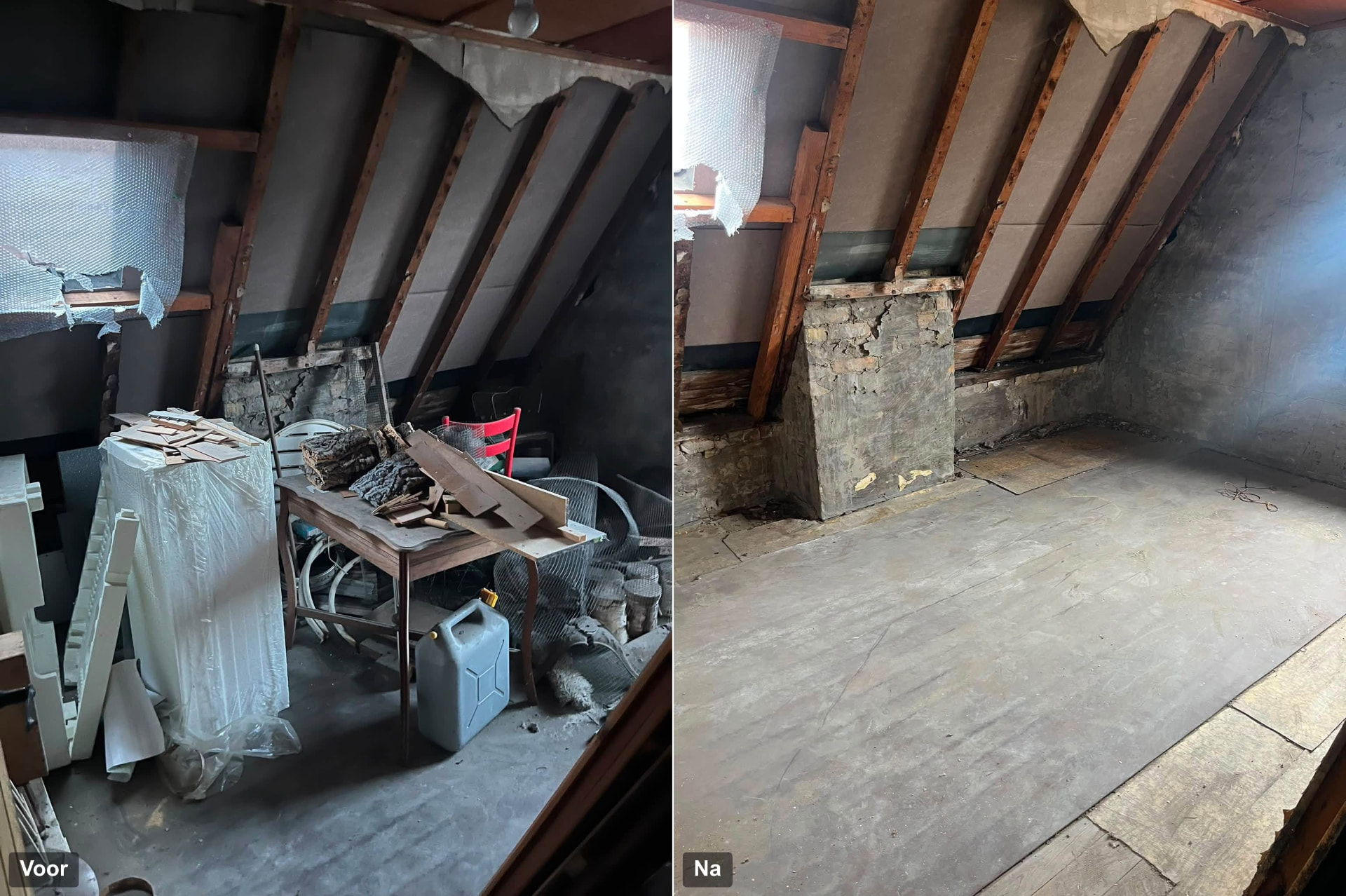 Zolder opruimen in Brugge: zolder met tafels, stoelen en afval vóór de opruiming en de volledig lege zolder erna