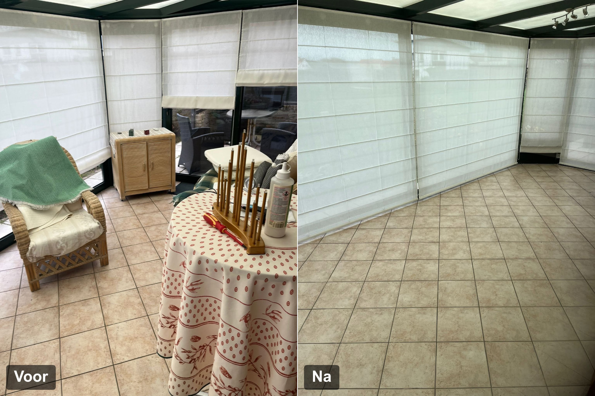 Voor en na: veranda met rieten meubels en verzameld materiaal vóór de ontruiming en dezelfde veranda volledig leeg erna