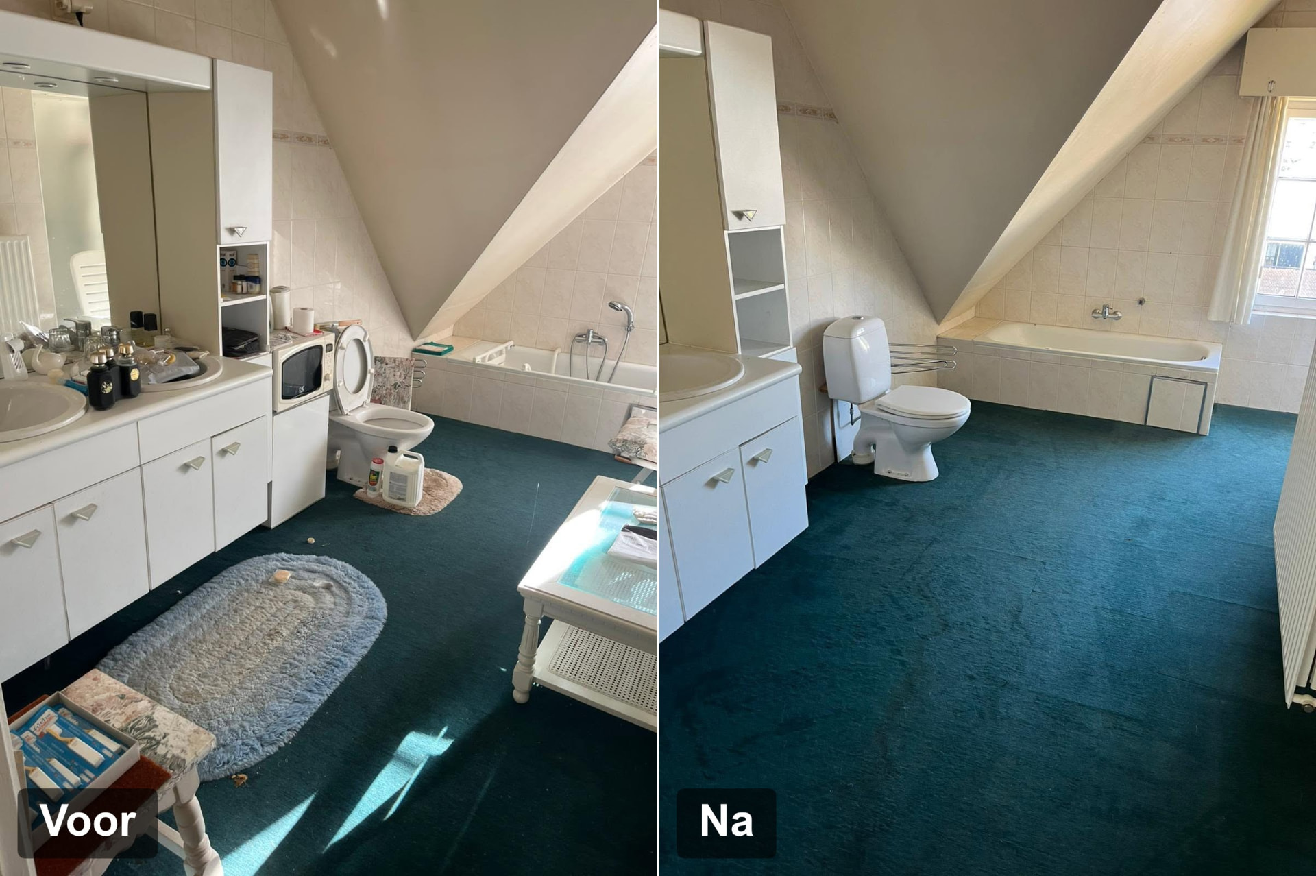 Voor en na: vervuilde badkamer vol achtergelaten spullen vóór de ontruiming en dezelfde badkamer leeg en gereinigd erna