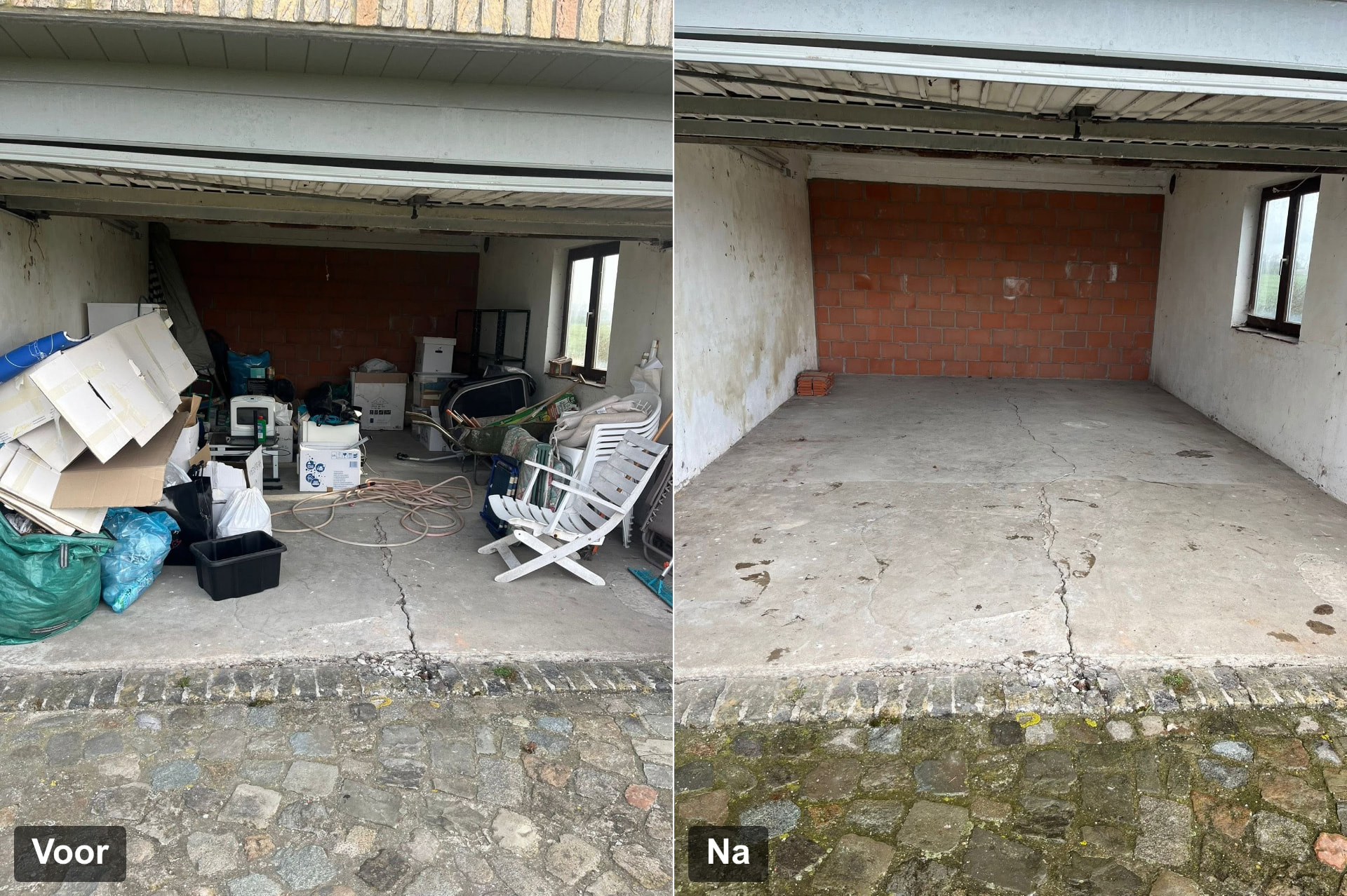 Voor en na: garage vol dozen, tuinmeubilair en een grasmachine vóór de ontruiming en dezelfde garage volledig leeg erna