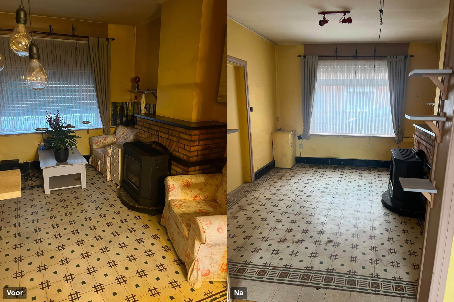 Voor en na woning opruimen in Brugge: woonkamer met zetels, kast en huisraad vóór de opruiming en dezelfde ruimte volledig leeg erna