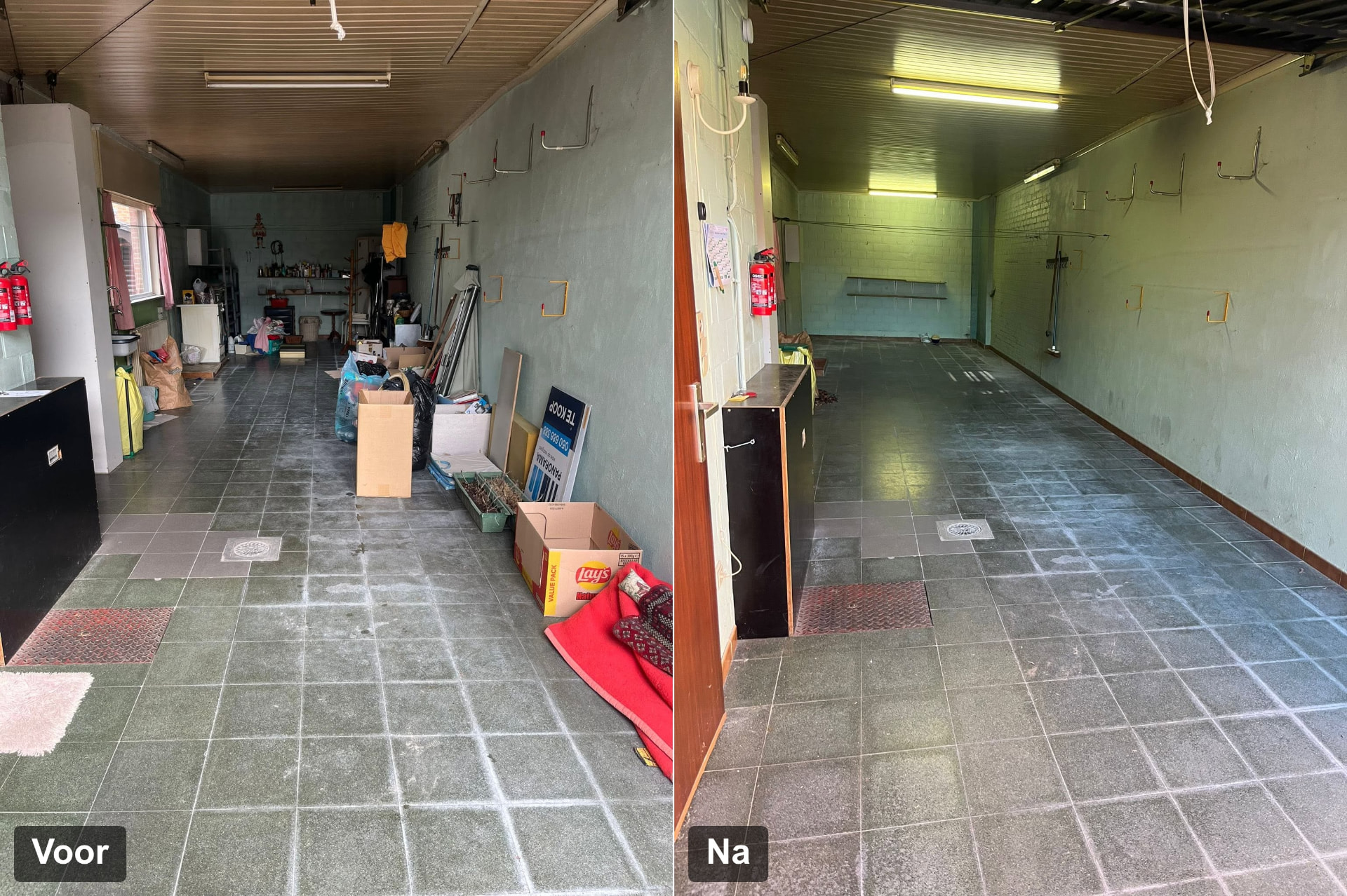 Voor en na: garage met dozen en een te-koop-bord vóór de ontruiming en dezelfde garage volledig leeg en verkoopklaar erna