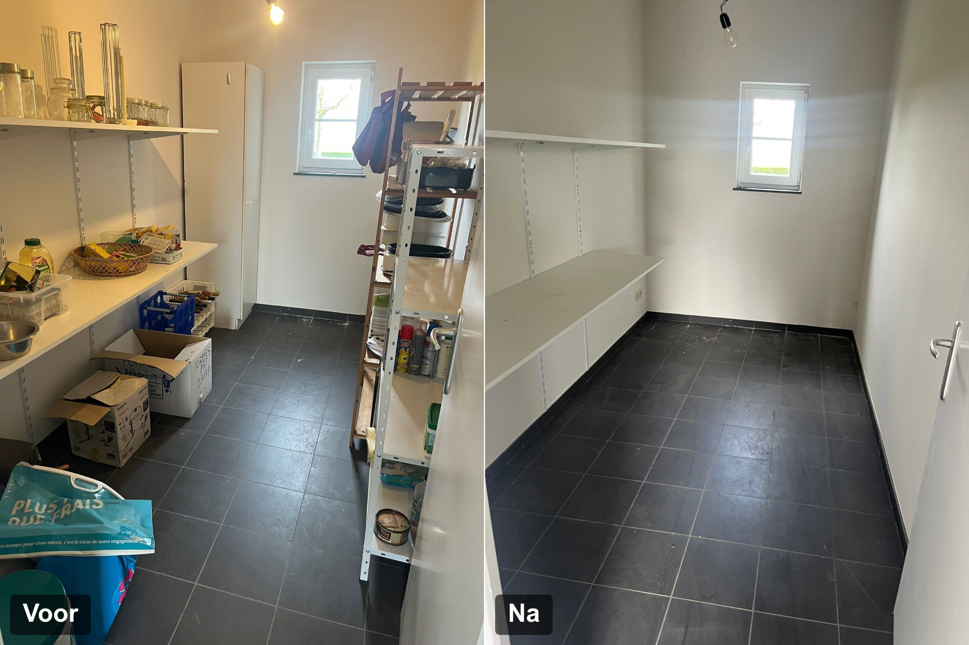 Voor en na: opbergkamer vol potten, voeding en schoonmaakmateriaal vóór de ontruiming en dezelfde opbergkamer leeg erna