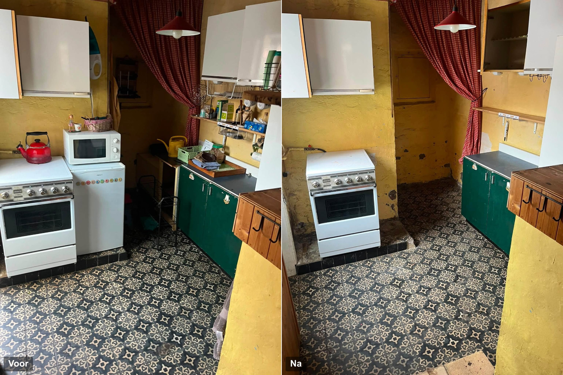 Keuken opruimen bij woning in Brugge: keuken met toestellen en losse spullen vóór de opruiming en de vrijgemaakte keuken erna