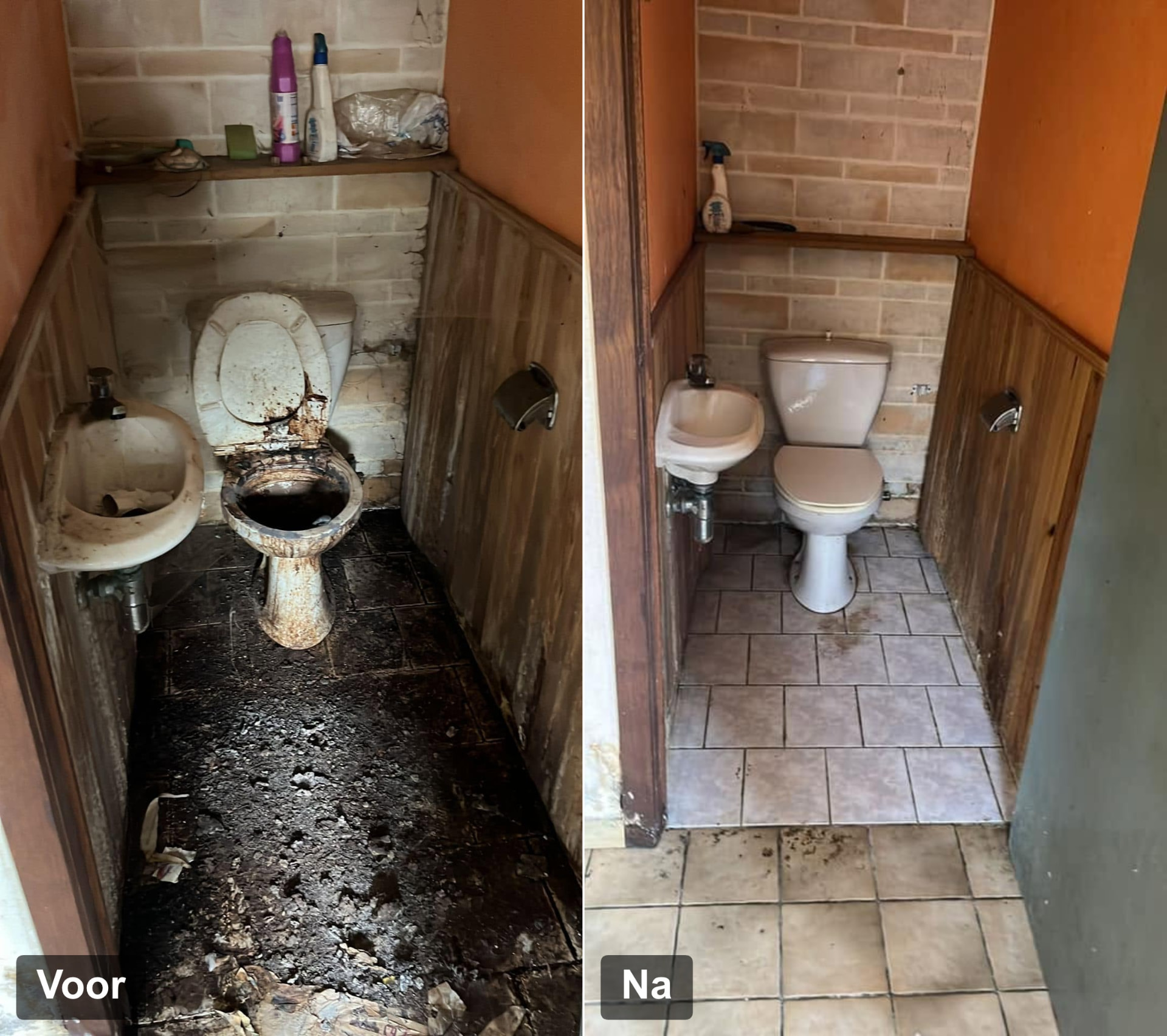 Voor en na: sterk vervuild toilet in een verwaarloosde woning vóór de ontruiming en hetzelfde toilet leeggemaakt en gereinigd erna