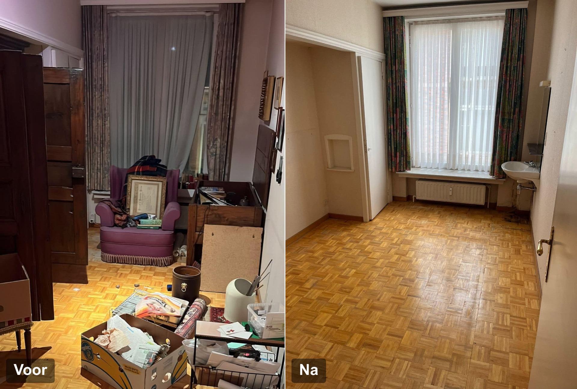 Voor en na: kamer met ingepakte dozen en een zetel vóór de ontruiming en dezelfde kamer volledig leeg erna