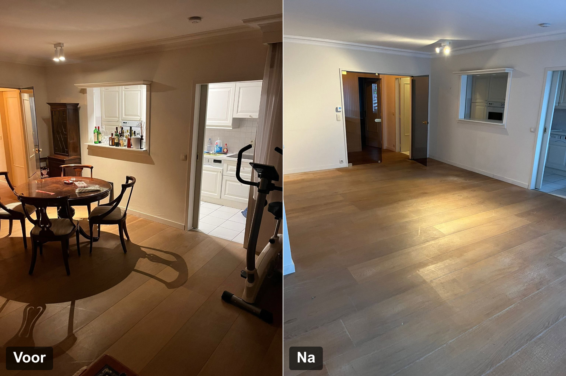 Voor en na: ingerichte woonkamer met eettafel en kast vóór de ontruiming en dezelfde woonkamer volledig leeg erna