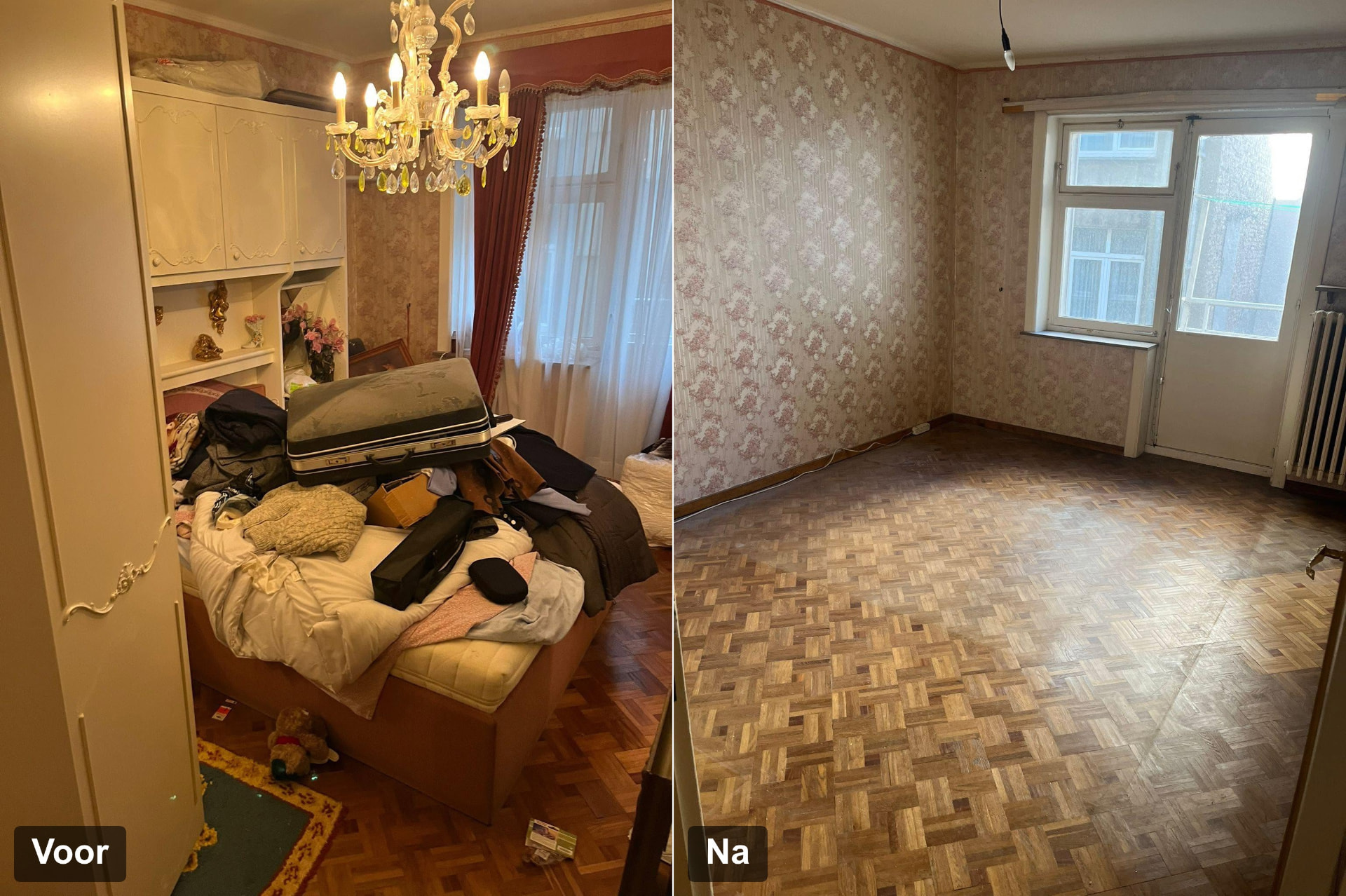 Voor en na: slaapkamer met bed vol kleding en een koffer vóór de ontruiming en dezelfde slaapkamer volledig leeg erna