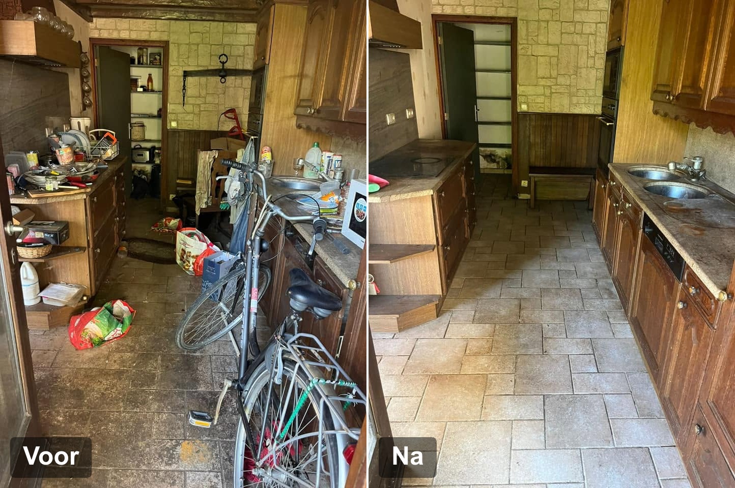 Voor en na: sterk vervuilde keuken met achtergelaten spullen en een fiets vóór de ontruiming en dezelfde keuken leeg en gereinigd erna