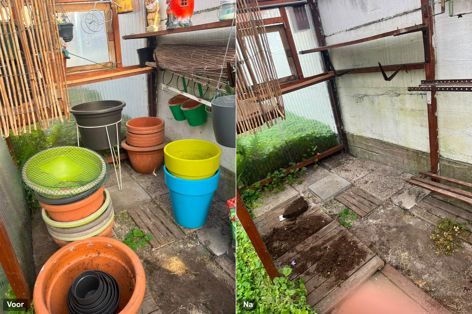 Tuin opruimen bij woning in Brugge: overdekte tuinruimte met bloempotten en tuinmateriaal vóór de opruiming en de vrijgemaakte ruimte erna