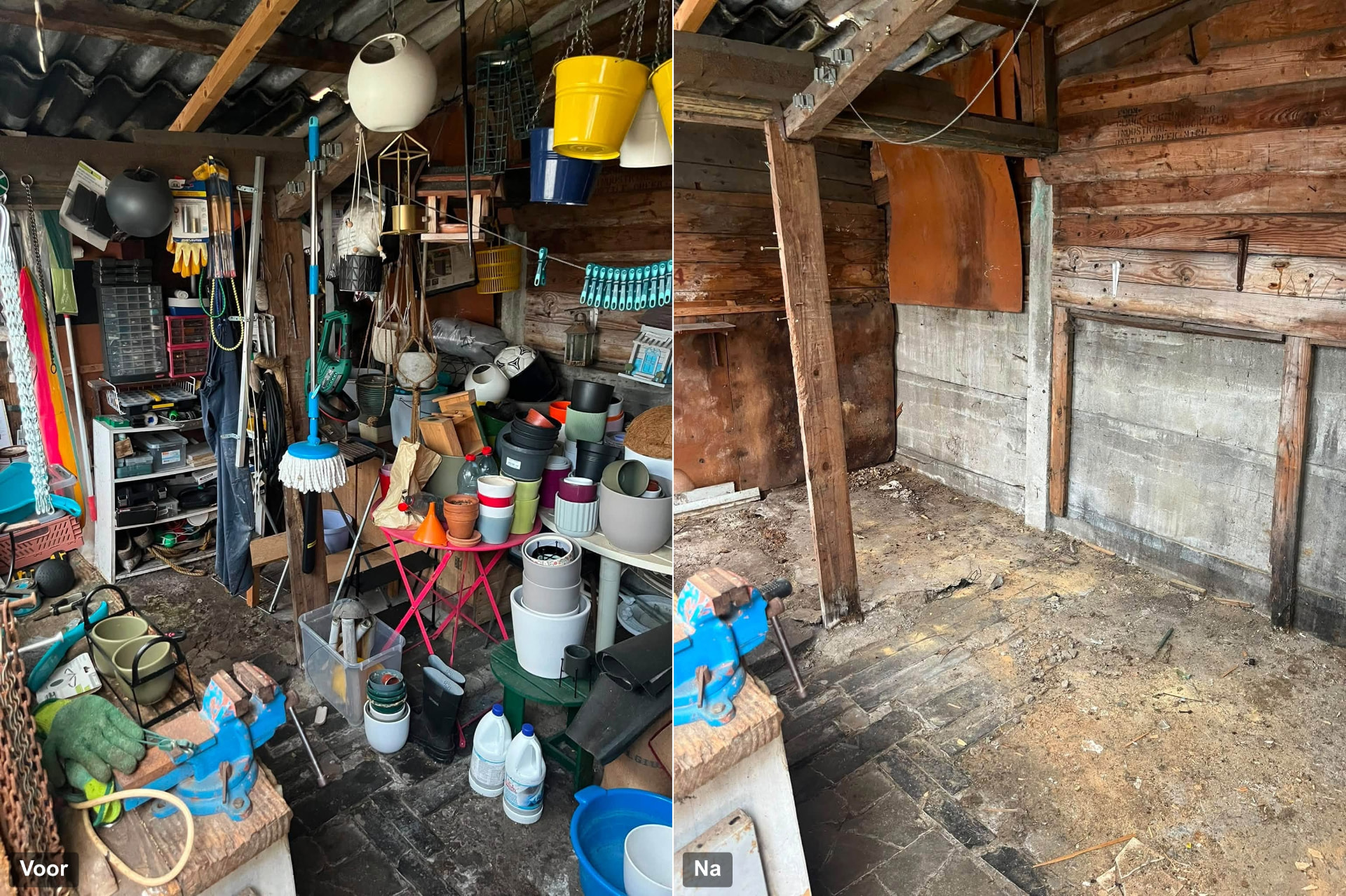 Tuinhuis leegmaken in Brugge: tuinhuis vol gereedschap en tuinspullen vóór de opruiming en het volledig lege tuinhuis erna