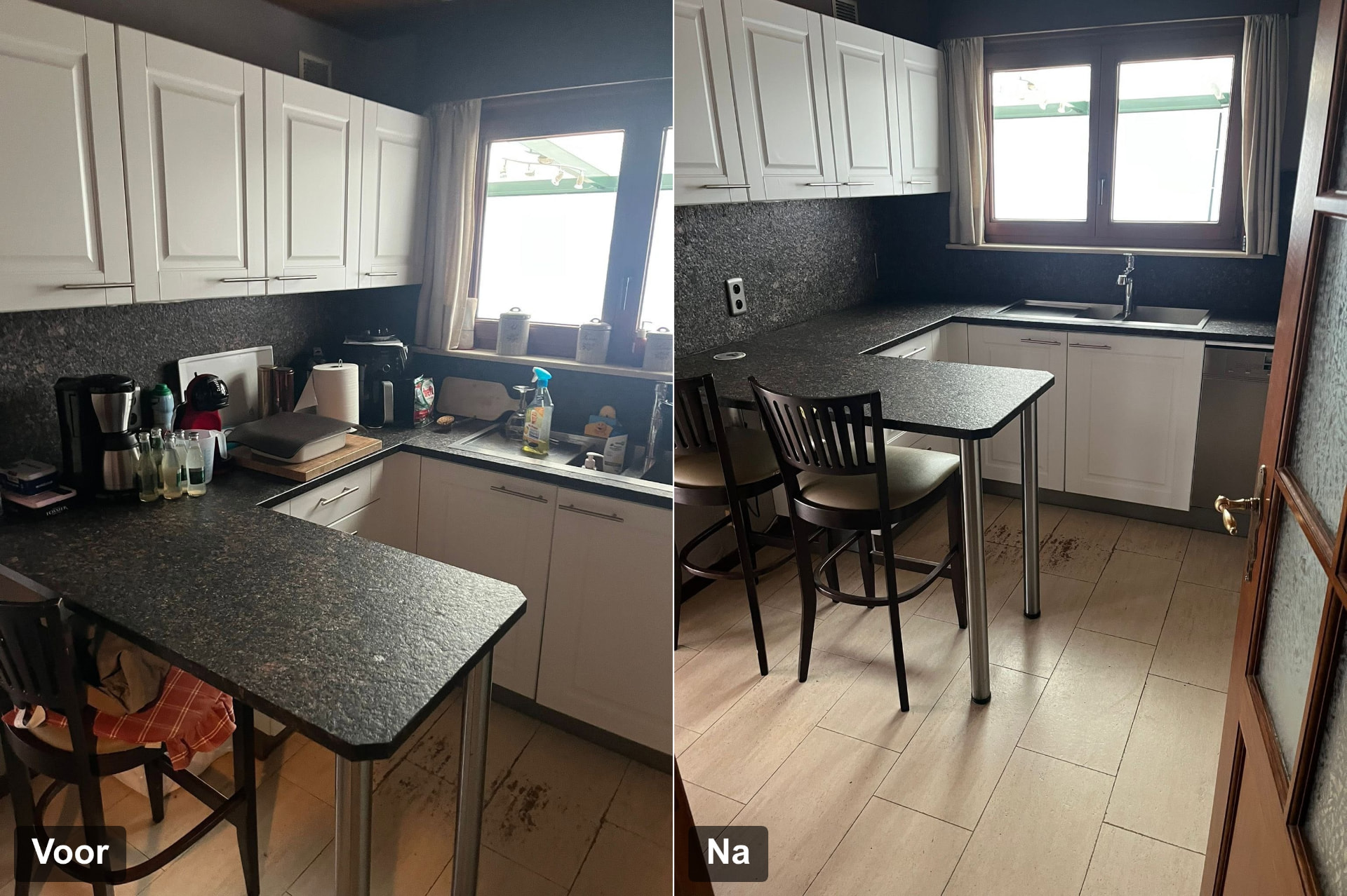 Voor en na: keuken met kleine toestellen en kookgerief vóór de ontruiming en dezelfde keuken leeg en schoon erna