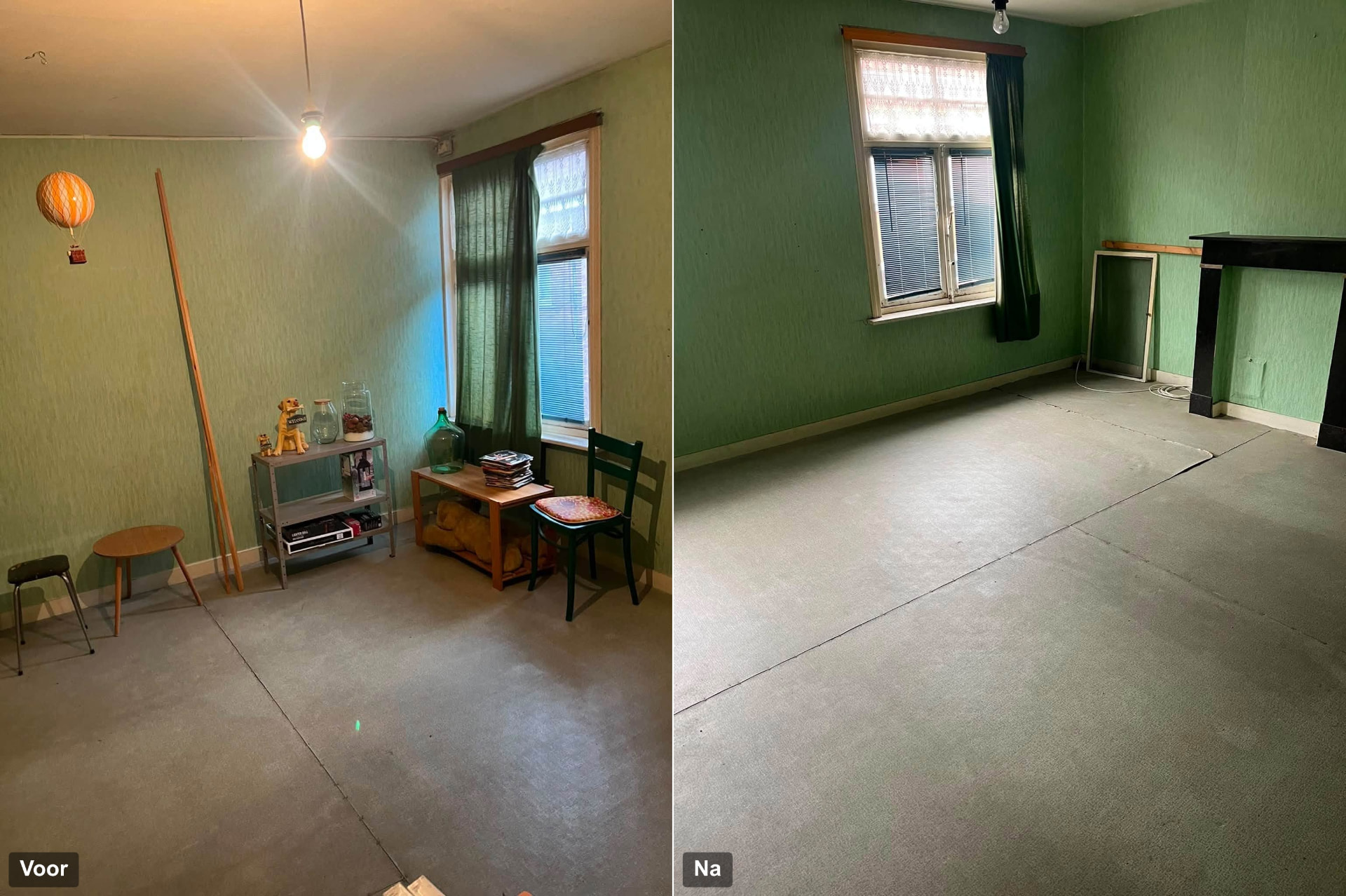 Kamer leegmaken in Brugge: kamer met meubels en decoratie vóór de opruiming en dezelfde kamer volledig leeg erna