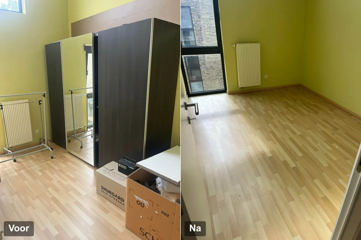 Kamer met kasten en verhuisdozen vóór de opruiming en dezelfde kamer volledig vrijgemaakt erna