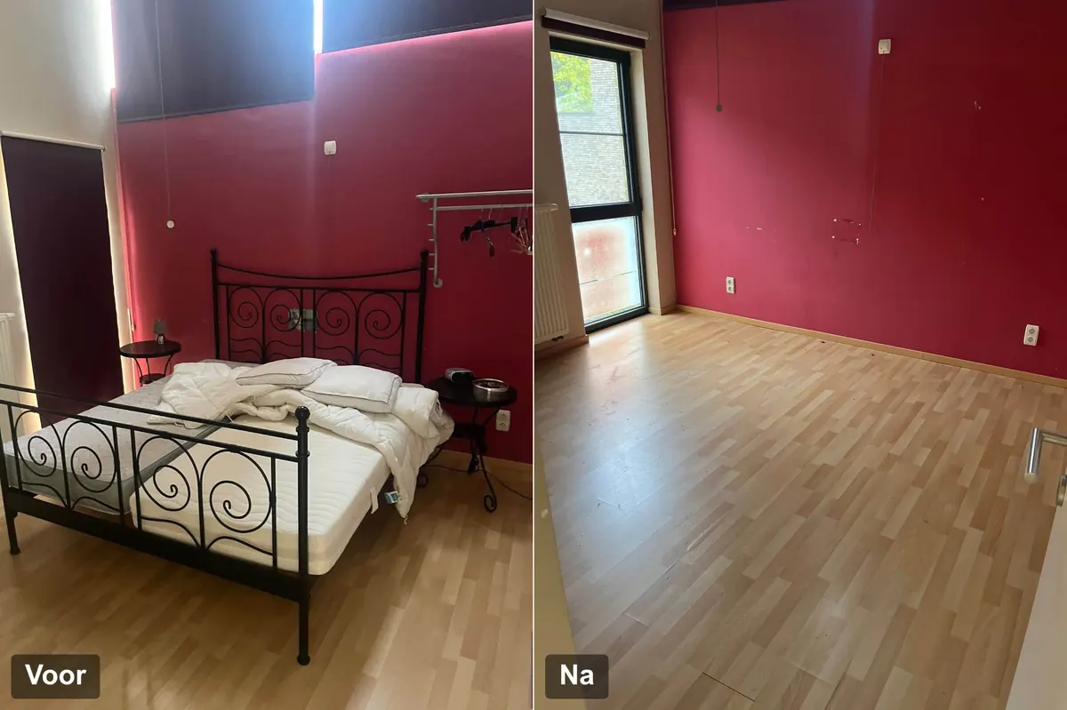 Slaapkamer leegmaken in Brugge: bed en nachttafels vóór de ontruiming en de lege slaapkamer erna
