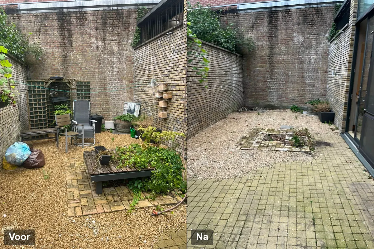 Tuin opruimen bij woning in Brugge: koertje met tuinmeubilair en afval vóór de opruiming en de vrijgemaakte buitenruimte erna