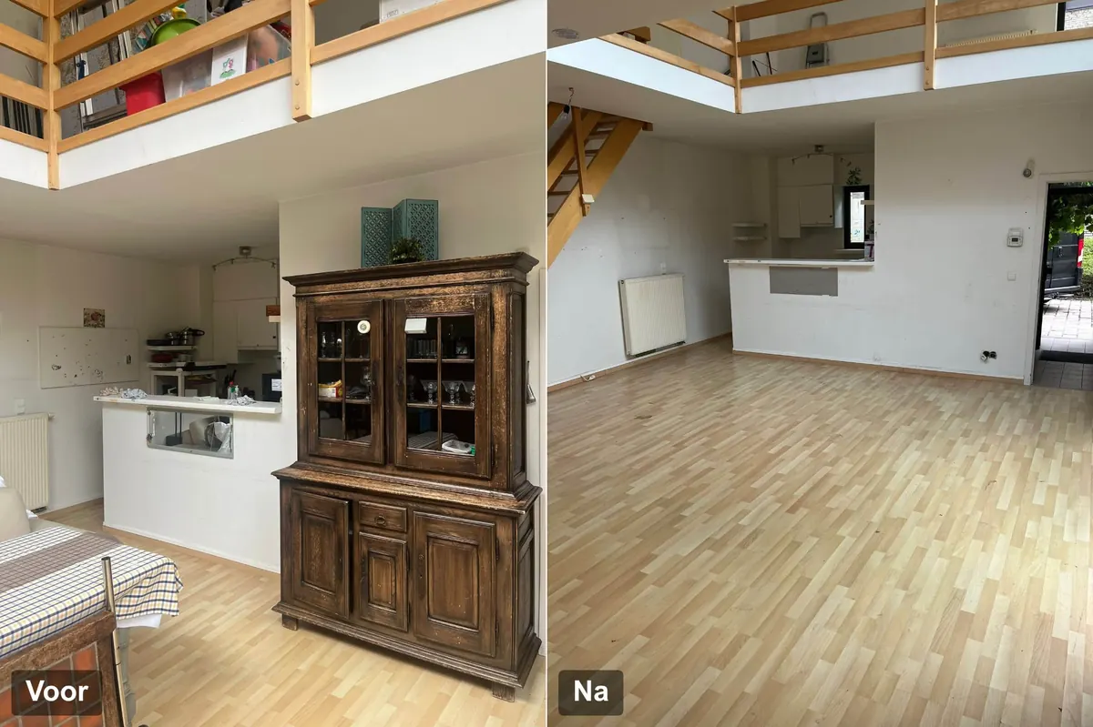 Voor en na woning leegmaken in Brugge: leefruimte met kast en eettafel vóór de opruiming en dezelfde ruimte volledig leeg erna