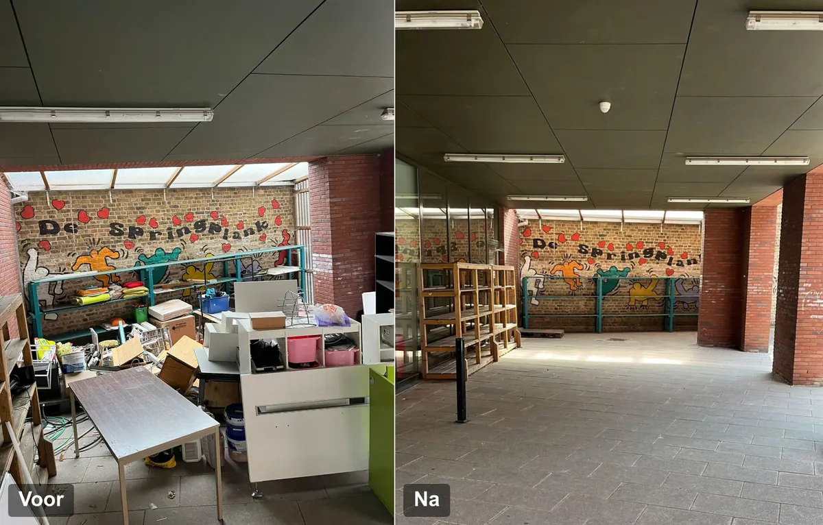 Voor en na: overdekte speelplaats van een school vol meubilair en materiaal vóór de ontruiming en dezelfde ruimte volledig leeg erna