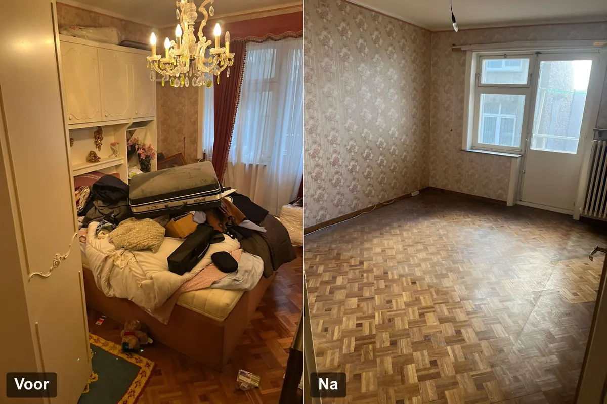 Voor en na: slaapkamer met bed vol kleding en een koffer vóór de ontruiming en dezelfde slaapkamer volledig leeg erna
